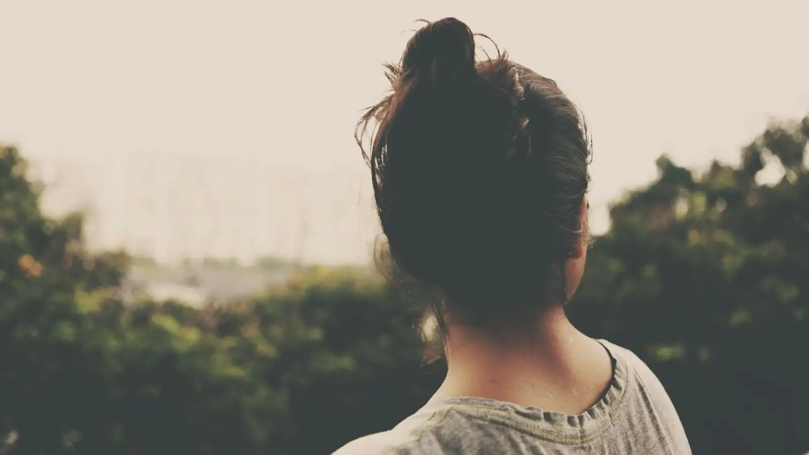 A woman seen from behind with her hair in a loose bun, looking out at trees
